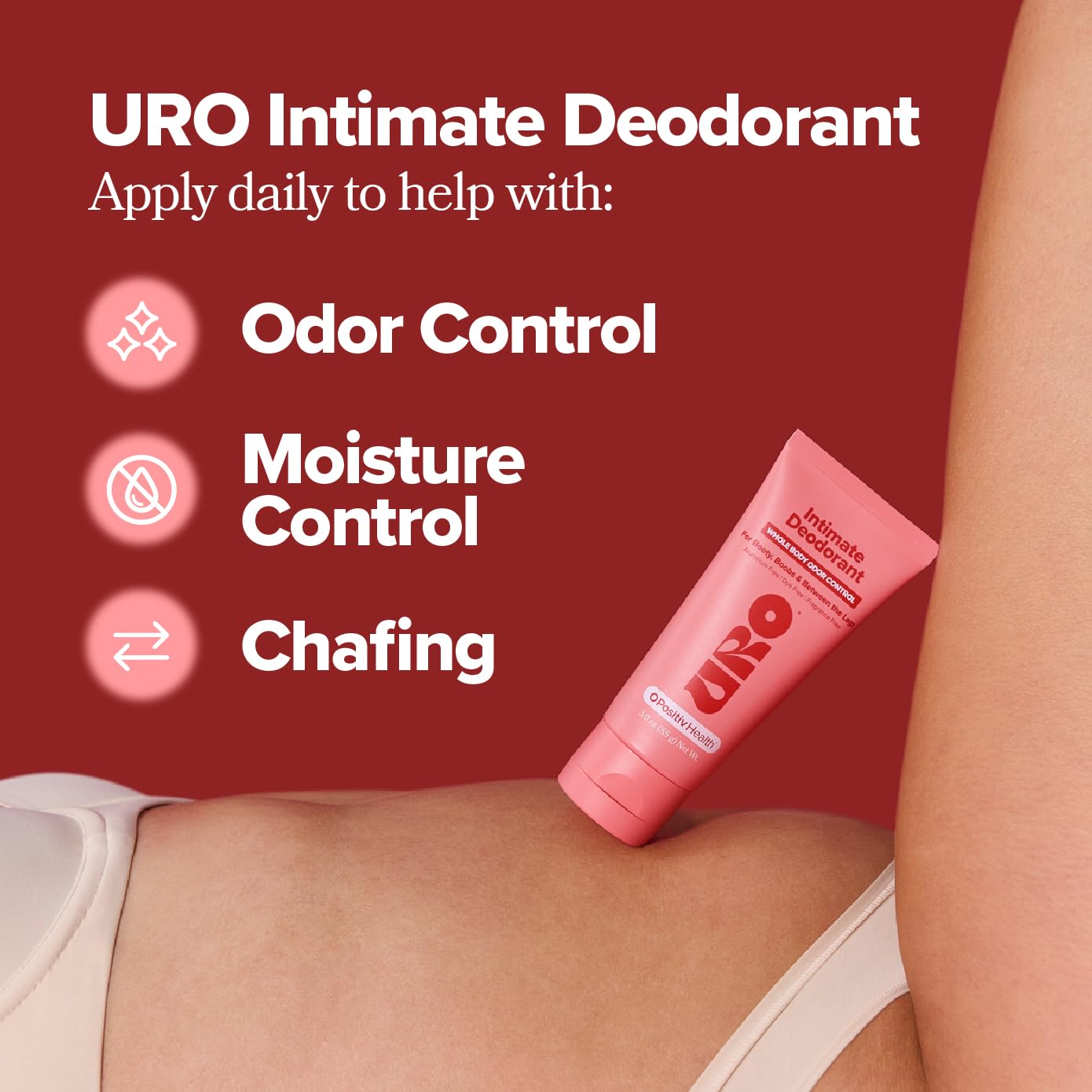 URO Intimate Whole Body Deodorant Cream – Dermatologist Tested, Safe for Sensitive Skin, Aluminum Free, Unscented, Dries Clear – Odor Control, Moisture Control, Anti-Chafing – 3 Oz Tube