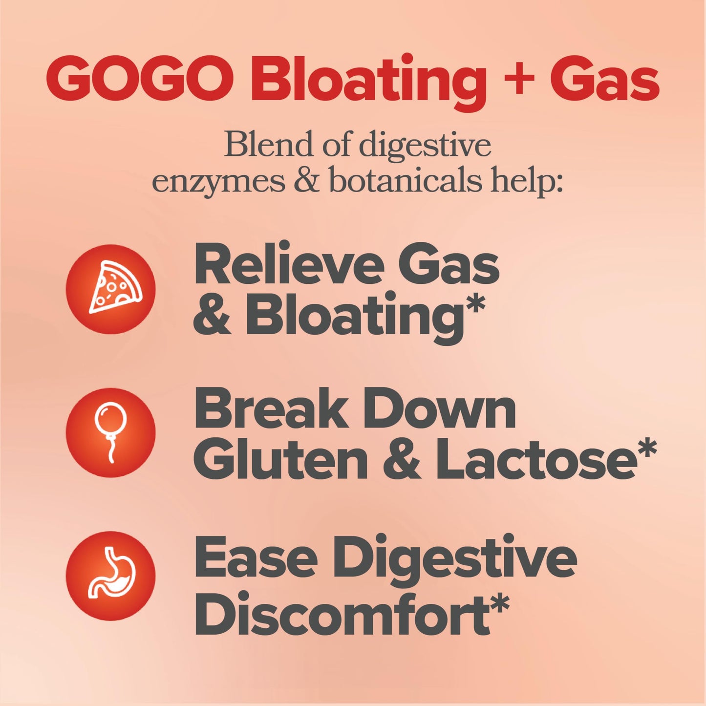 GOGO Bloating & Gas Digestive Relief, 30 Servings (Pack of 3) - Supplements with Digestive Enzymes, Bromelain, Ginger Root, & Milk Thistle - Supports Bloating Relief & Reduces Water Retention