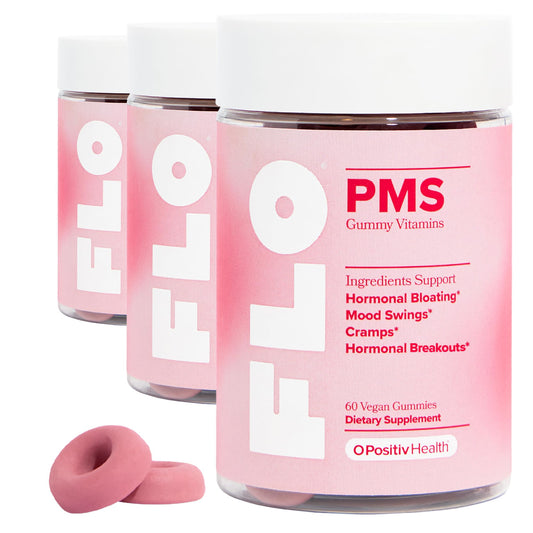 O Positiv FLO PMS Gummies for Women, 30 Servings (Pack of 3) - Proactive PMS Relief - Targets Hormonal Breakouts, Bloating, Cramps, & Mood Swings with Chasteberry, Vitamin B6, & Lemon Balm