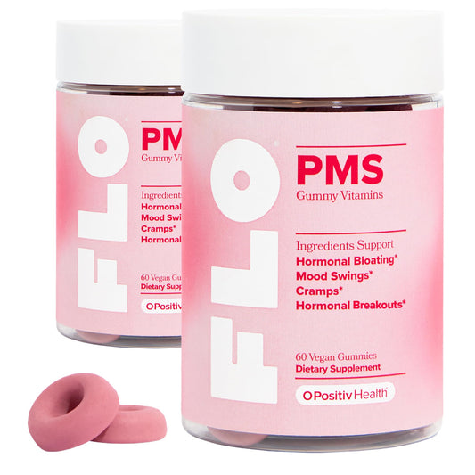 O Positiv FLO PMS Gummies for Women - Proactive PMS Relief - Targets Hormonal Breakouts, Bloating, Cramps, & Mood Swings with Chasteberry, Vitamin B6, & Lemon Balm - PMS Gummies (Pack of 2)