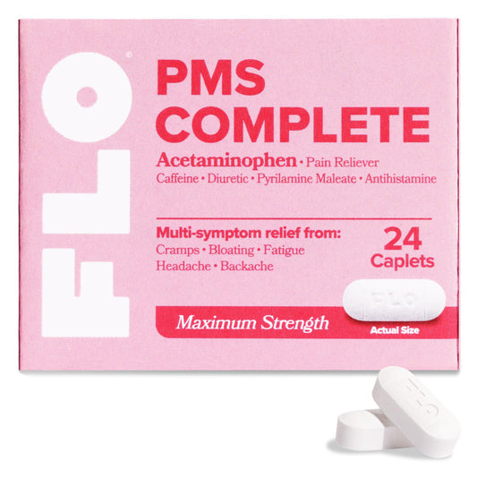 FLO PMS Complete Tablets, Menstrual Pain Relief for Women, 24 Count (1 Pack) - Multi-Symptom Pain Reliever with Acetaminophen, Caffeine, & Pyrilamine Maleate for Cramps, Headaches, Backaches, Bloating